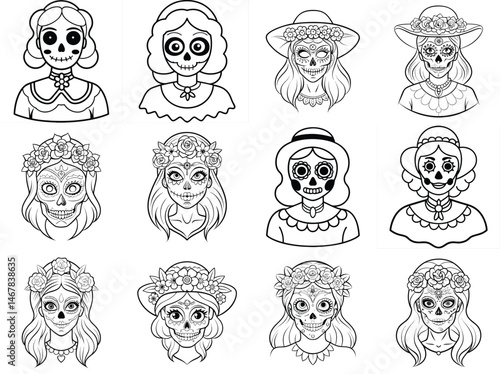 LA Catrina outline vector illustration isolated on white background.