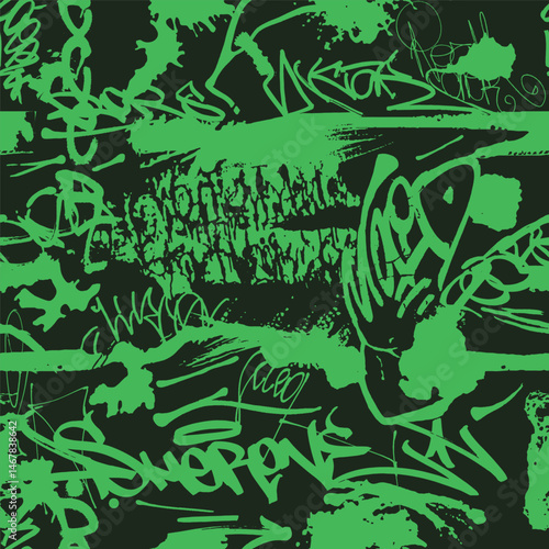 Black and green seamless grunge pattern for boy textile, sport urban clothes. Grunge graffiti texture, repeat print. Street art wall repeated ornament. Vector background