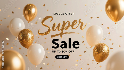 Super Sale Up to 50% Off with Golden Balloons and Confetti