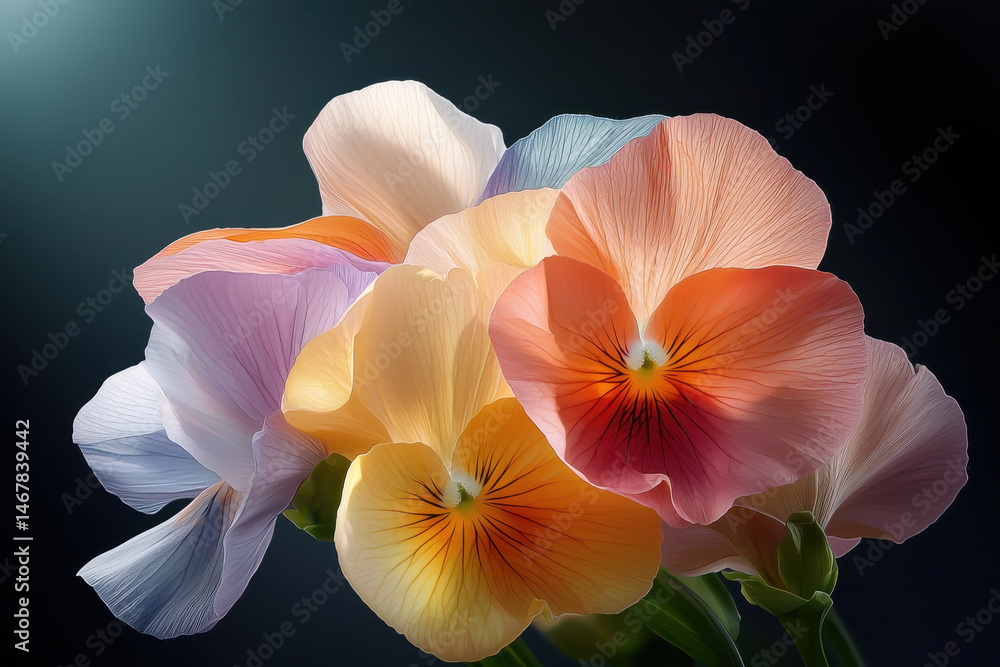Fototapeta premium Vibrant cluster of pansies various colors, showcasing delicate petals and intricate details, evokes sense of beauty
