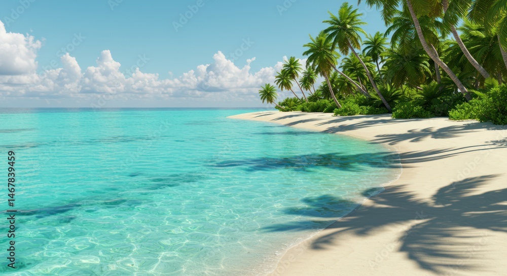 Fototapeta premium Tropical beach with palm trees sand and clear turquoise water under a blue sky.