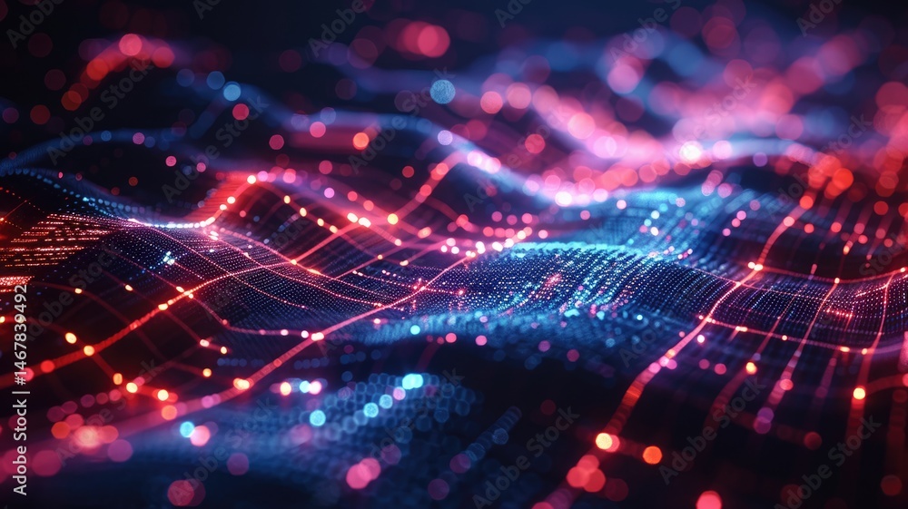 Abstract digital shape or line and technological cyber style particle design connect in surreal electronic shape designing. High tech scenery express mysterious pattern perfect for wallpaper. AIG53.