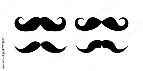 Collection of Various Black Mustache Silhouettes.Various Mustache Types Include The Classic Chevron, Suave Handlebar, Rugged Horseshoe,  Refined English Different Mustache Styles Isolated on White.