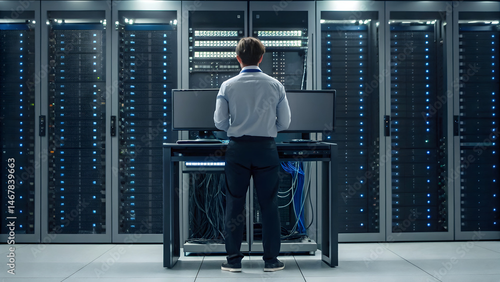 Fototapeta premium cloud computing IT professional managing servers in a modern data center environment.
