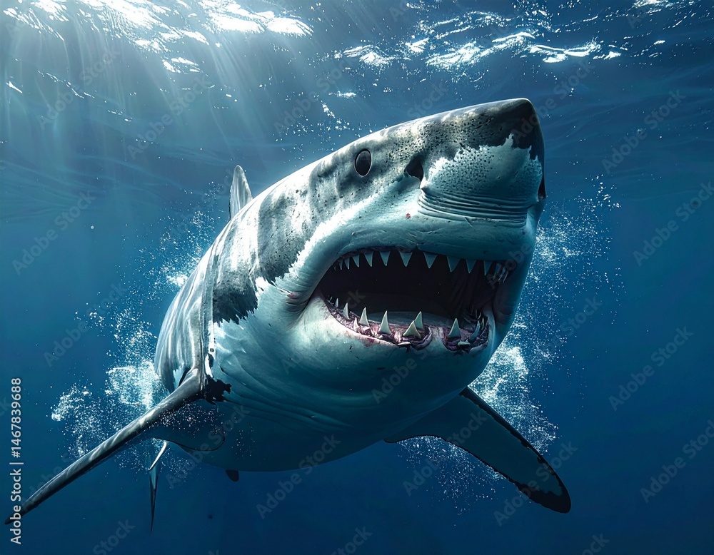 Obraz premium Great White Shark Showing Teeth Underwater