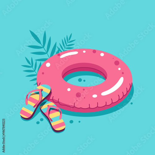Colorful inflatable pool float and flip flops representing summer leisure on a turquoise background
