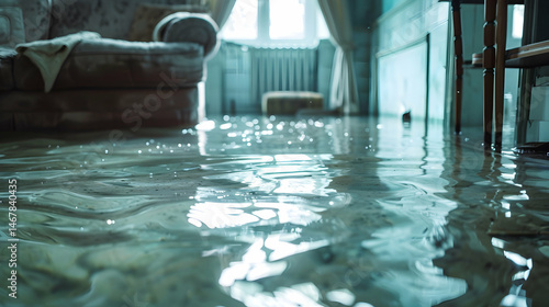 Rooms floor submerged in water, highlighting the extensive water damage to the interior that requires urgent repair and restoration services.