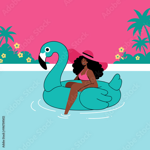 Woman relaxing on a flamingo pool float in a vibrant tropical setting on a pink background
