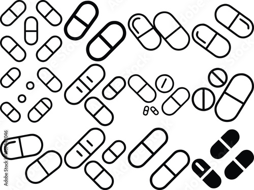 Set of capsules outline vector icon illustration isolated on white background.