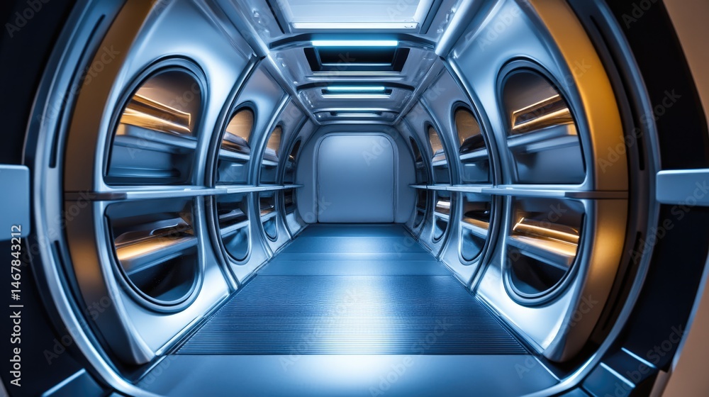 Futuristic Spaceship Corridor: Blue and Orange Neon Lights, Metal Design Futuristic Spaceship Corridor: Blue and Orange Neon Lights, Metal Design