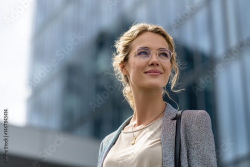 Confident young woman in glasses looks towards a bright future.
