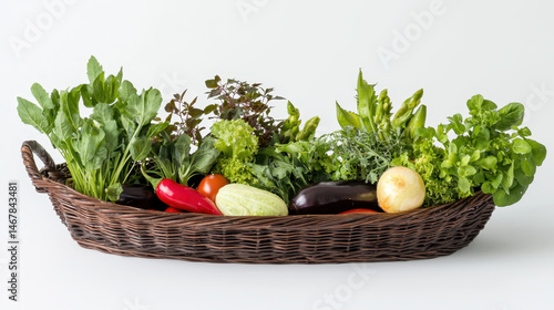 Freshly arranged vegetable basket with vibrant greens and colorful produce, showcasing healthy eating and natural beauty