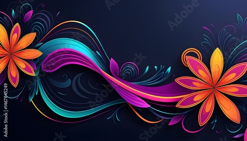 Decorative pattern of twisting foliage and fantasy flowers, smooth color transitions from green to magenta, no background, 8K resolution