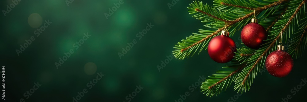Deep green pine branch draped in shimmering gold and red baubles , texture, photography, natural Deep green pine branch draped in shimmering gold and red baubles , texture, photography, natural
