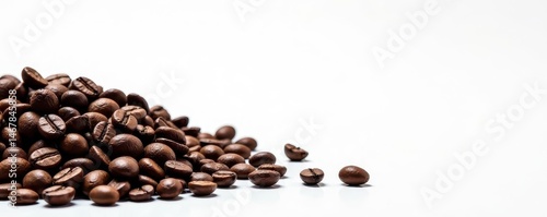 Dark roasted coffee beans form a border on pure white background , close-up, coffeehouse, header