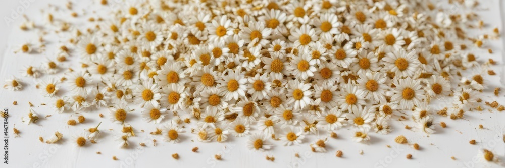 Fototapeta premium Delicate dried chamomile, scattered petals, white textured backdrop, organic, floral