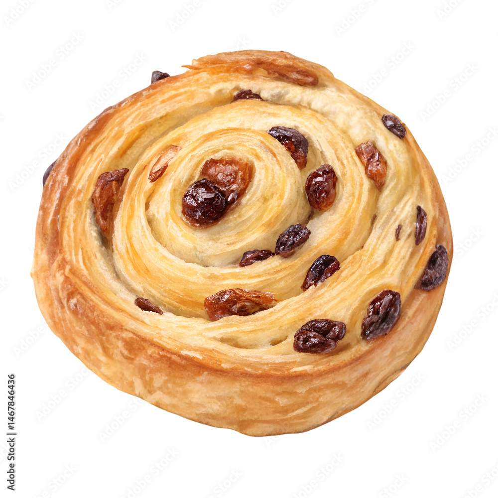 Fototapeta premium Raisin danish pastry top view close up isolated on white background