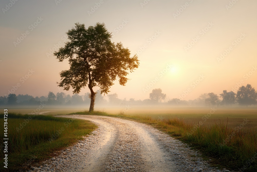Sunrise path through a misty field Sunrise path through a misty field