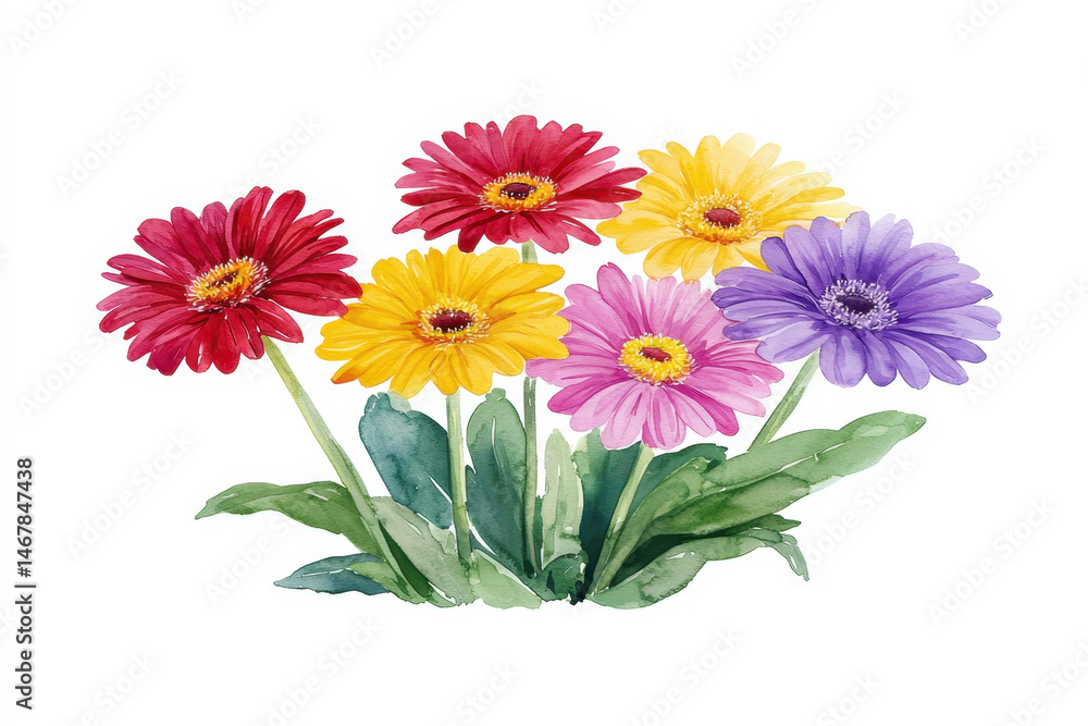 Watercolor botanical illustration of vibrant flowers in various colors, showcasing beauty and nature charm Watercolor botanical illustration of vibrant flowers in various colors, showcasing beauty and nature charm