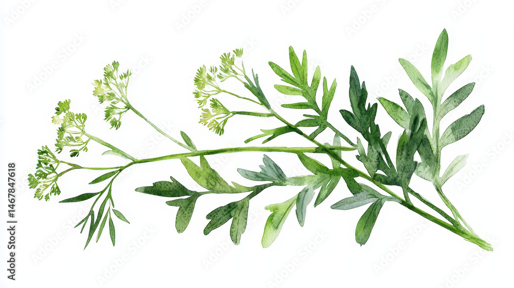 Watercolor botanical illustration of green herbs with delicate leaves and flowers, showcasing nature beauty and tranquility Watercolor botanical illustration of green herbs with delicate leaves and flowers, showcasing nature beauty and tranquility