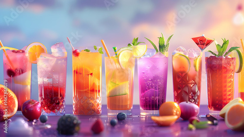 Selection of colorful mocktails. Non-alcoholic beverages, designed to mimic the flavors and presentation of cocktails. Generative AI