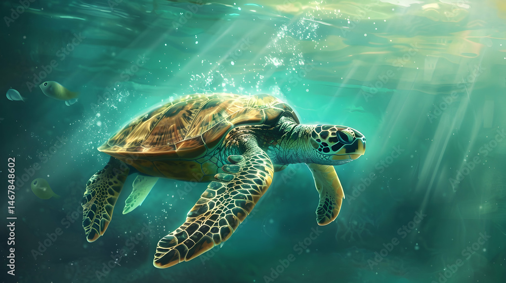 Obraz premium Serene turtle with a gentle turquoise aura swimming in clear water
