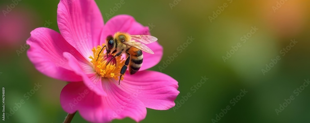 A busy bee gathers pollen from a vibrant pink wild rose , wild rose, blossom A busy bee gathers pollen from a vibrant pink wild rose , wild rose, blossom