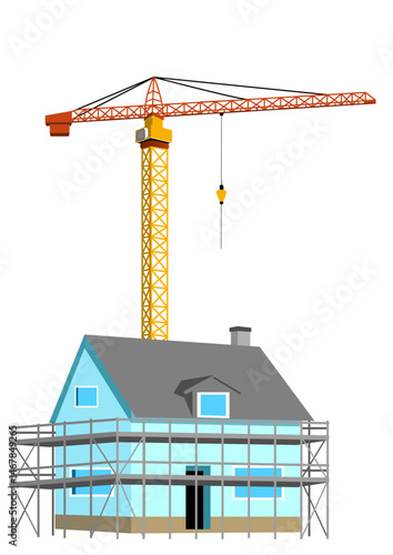 Digital illustration shows the construction of a new house. Scaffolding has been erected in front of the house. Behind the house is a crane.