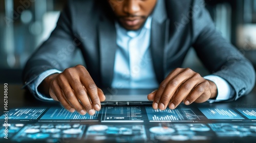 Futuristic technology interaction african american professional managing artificial intelligence software cyber innovation interface control