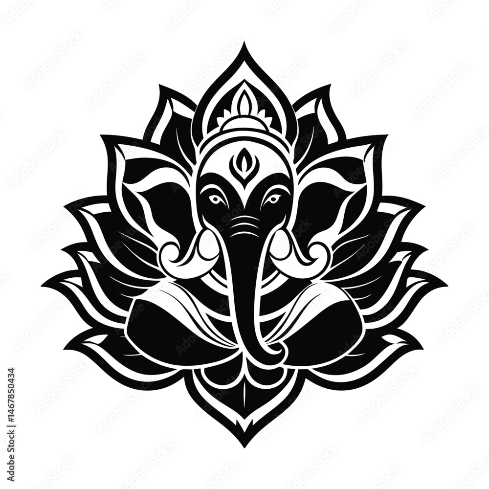 Obraz premium Vector illustration of the hindu deity ganesha seated in lotus position with intricate details in black and white