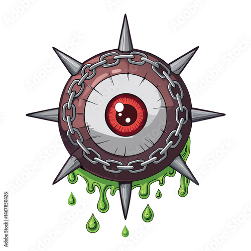 Render a surreal image of a spiky, floating eyeball, chained, with viscous, dripping goo.  Emphasis on sharp details and unsettling realism.