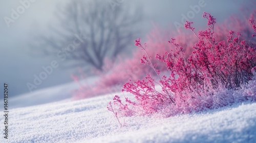 Frosted fuchsia blossoms amidst the pristine blanket of winter snowscape