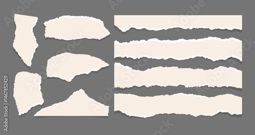 Set of white torn notebook paper pieces with shadow.
White vector paper clipping. Isolated old paper with torn edge.