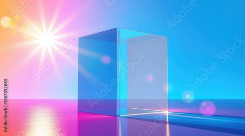 Abstract Illuminated Cube: A captivating geometric cube radiates with vibrant light, hinting at new beginnings and endless possibilities, set against a colorful gradient background.