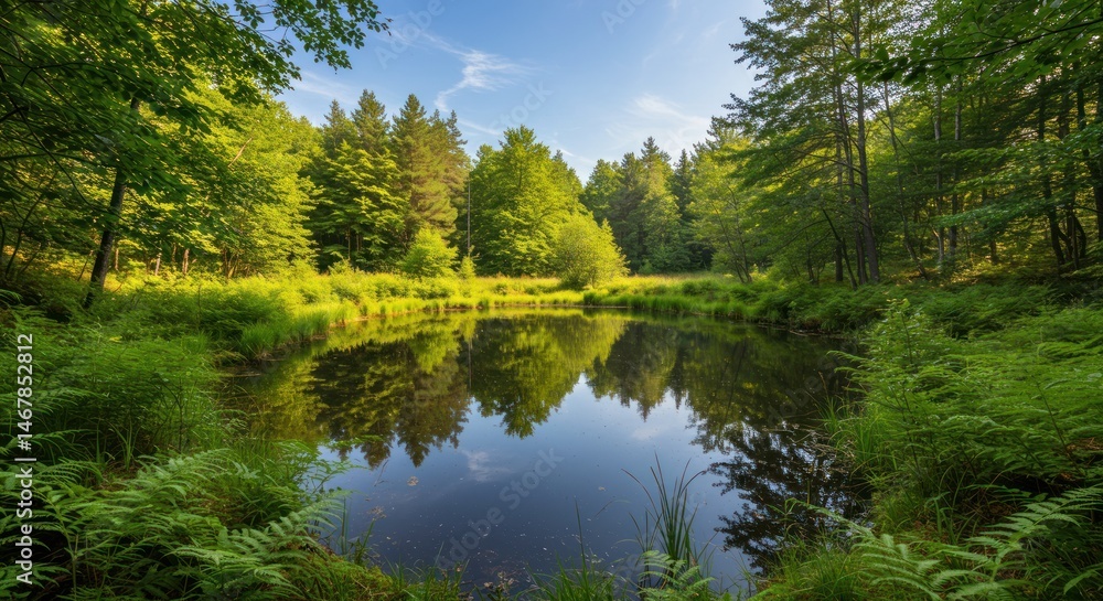 Fototapeta premium Still water reflecting trees in a forest on a sunny day.