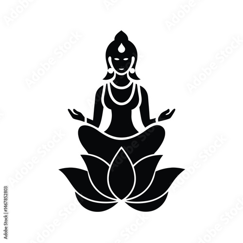 Elegant black and white silhouette of a meditating woman seated on a lotus flower representing peace spirituality and enlightenment