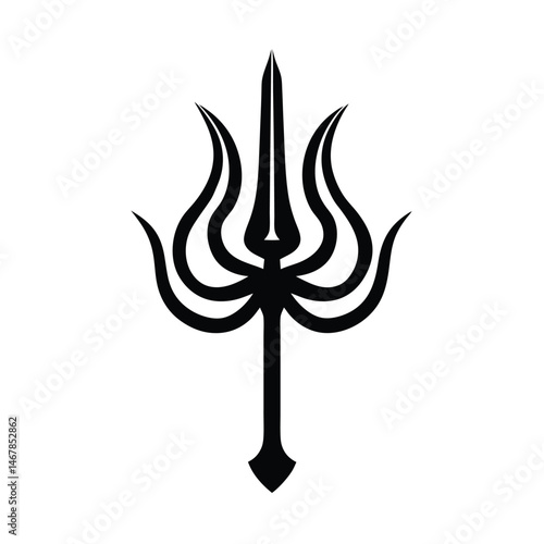 A clean black and white illustration of a trishul the sacred weapon of the hindu god shiva on a white background