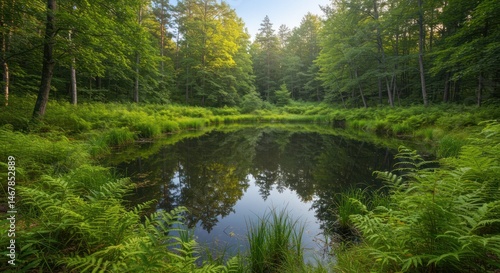 Small pond reflects trees in a lush green forest under a blue sky.