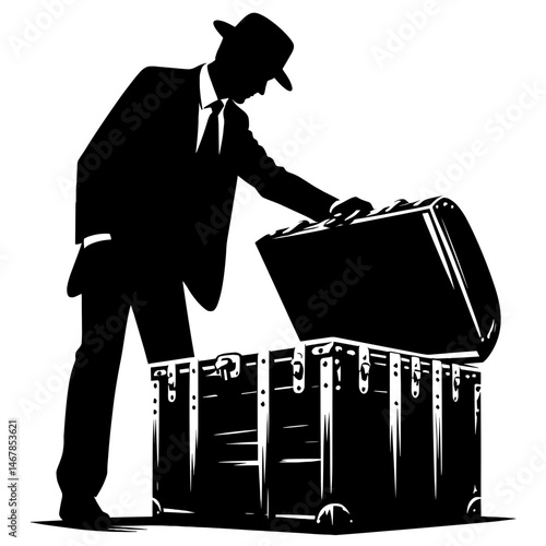 Silhouette of man opening large chest