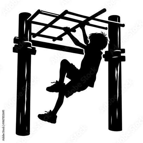 child swinging on monkey bars playground