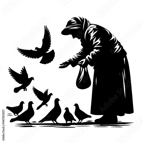 Elderly person feeding pigeons against white background