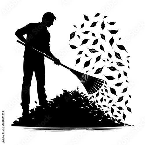 Man raking leaves against white background
