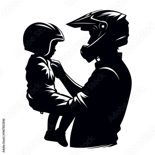 Biker adult and child with helmets engaged