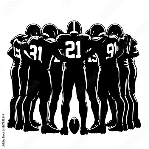 Football players huddling on white background