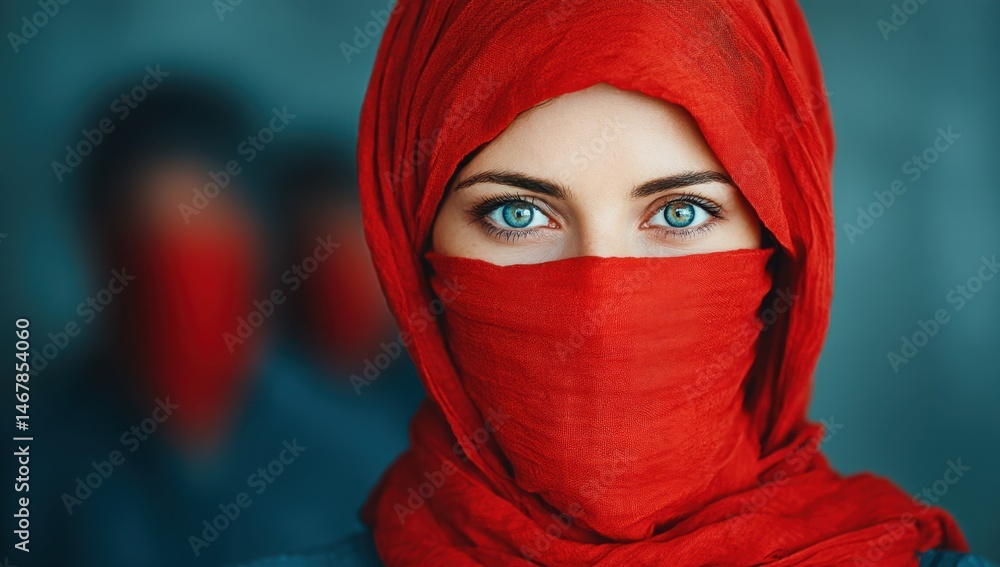 Naklejka premium Woman in Red Headscarf with Blue Eyes