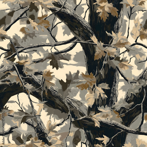 Hunting camouflage modern pattern, vector military print. real tree forest camouflage seamless pattern. Forest leaves vector camouflage background
