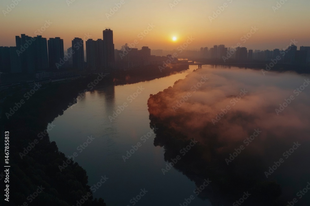 Fototapeta premium City river sunrise mist