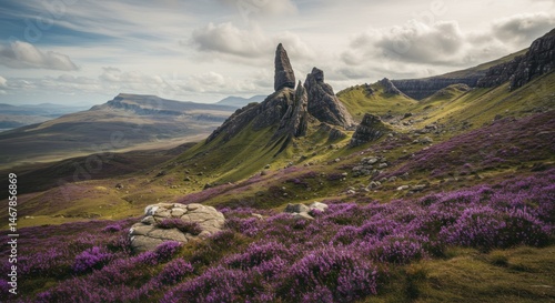 Fototapeta Naklejka Na Ścianę i Meble -  Rocky landscape with purple flowers and sheep under a cloudy sky.
