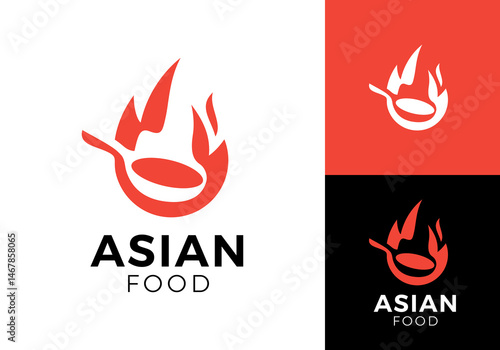 pan with hot fire logo. kitchen tools, cooking, restaurant, food symbol design vector concept