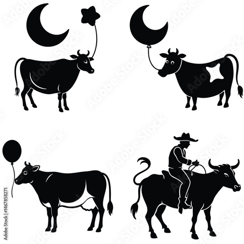 Playful Cow Silhouette Collection With Balloons And Cowboy Riding Steer Illustration